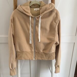 Labijou Women’s Beige Chunky Boxy Zip Front Hoodie. Cotton blend.